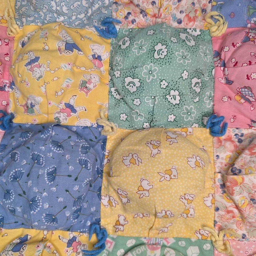 Vintage Handmade Pastel Floral Puff Biscuit Baby Quilt Patchwork Cottagecore